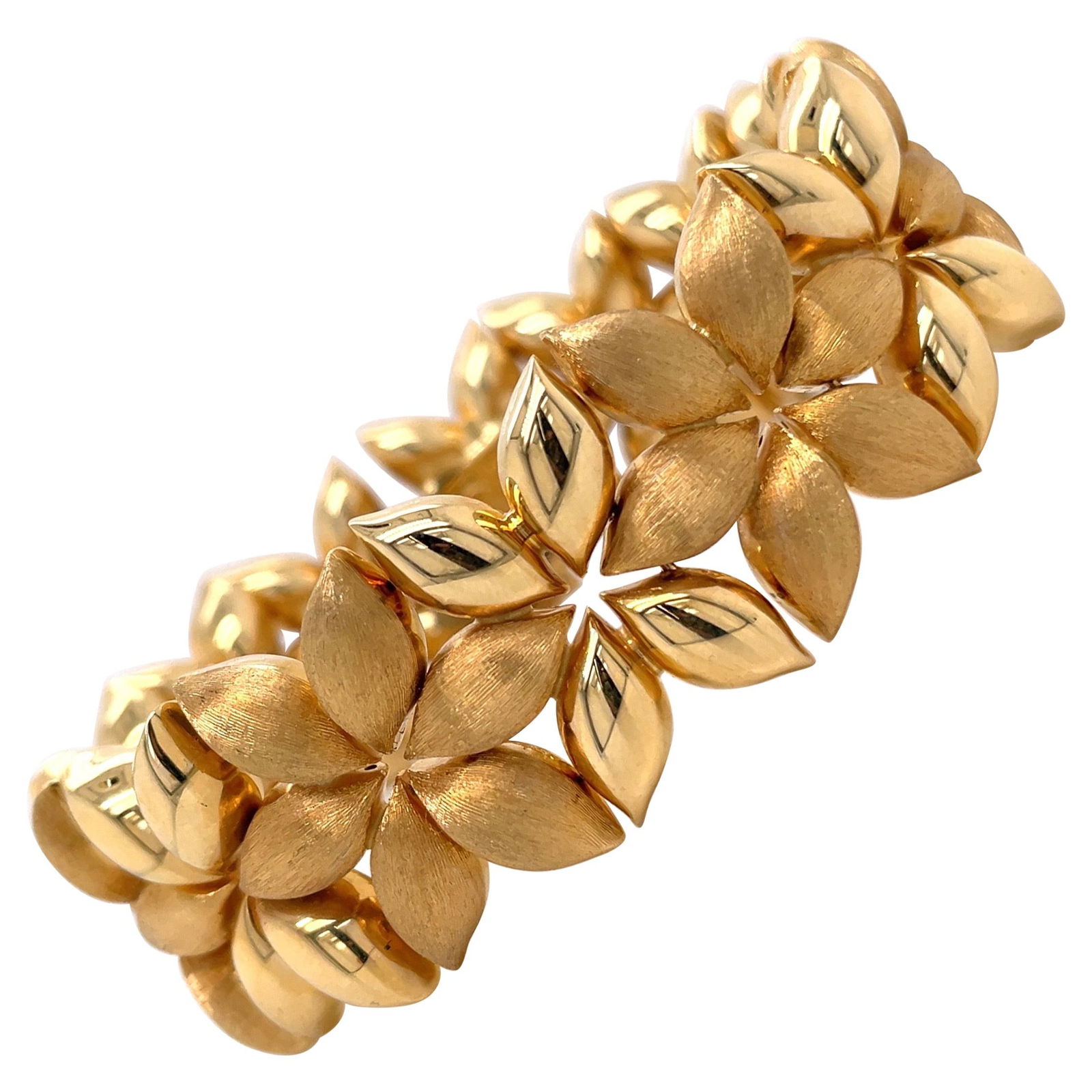 Harbor Diamonds 18K Yellow Gold Floral Wide Bracelet Italy 51.2g: Harbor Diamonds 18K Yellow Gold Floral Wide Bracelet Italy 51.2g This exquisite 18 Karat Yellow Gold Floral Wide Bracelet showcases a contemporary design, featuring 14 floral motifs with a brushed and