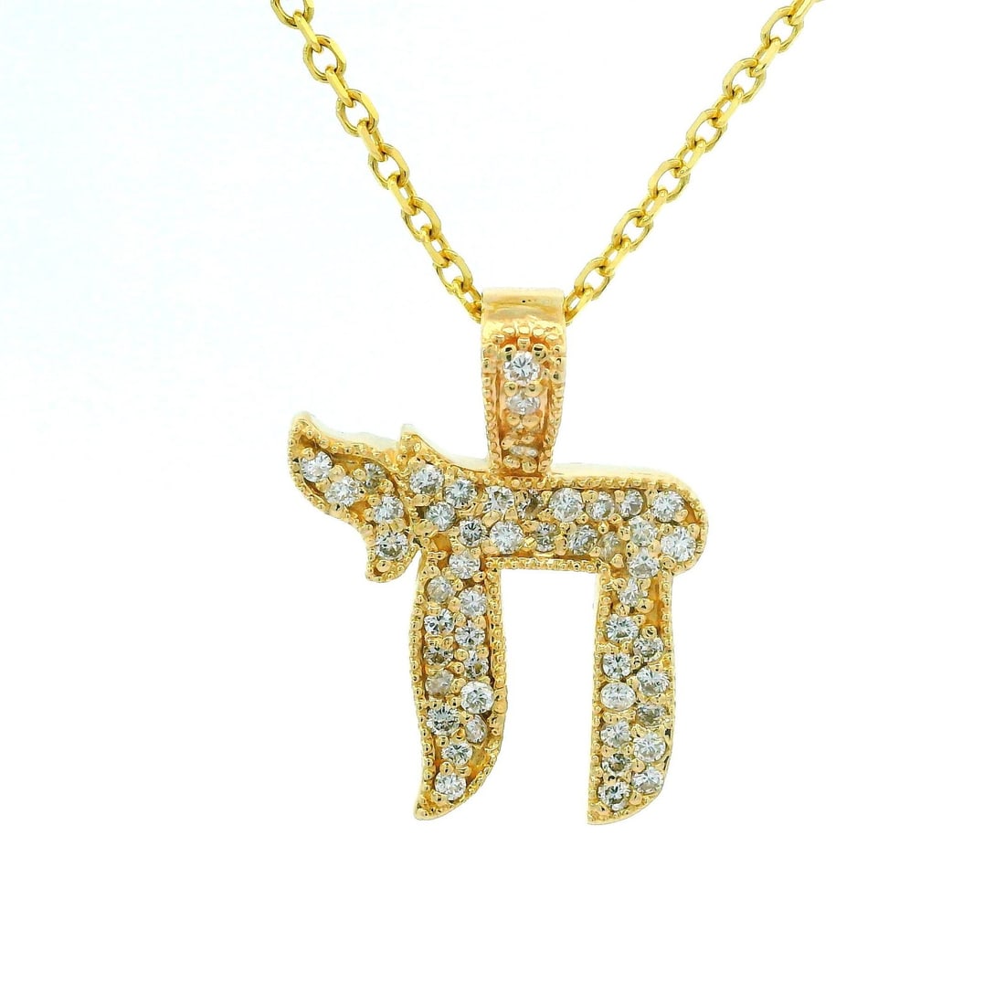 14k Yellow Gold Diamond Chai Pendant Necklace 0.50ctw: 14k Yellow Gold Diamond Chai Pendant Necklace 0.50ctw This stunning necklace features a 14k yellow gold chai pendant adorned with approximately 0.50 carats of natural diamonds. The pendant showcases a