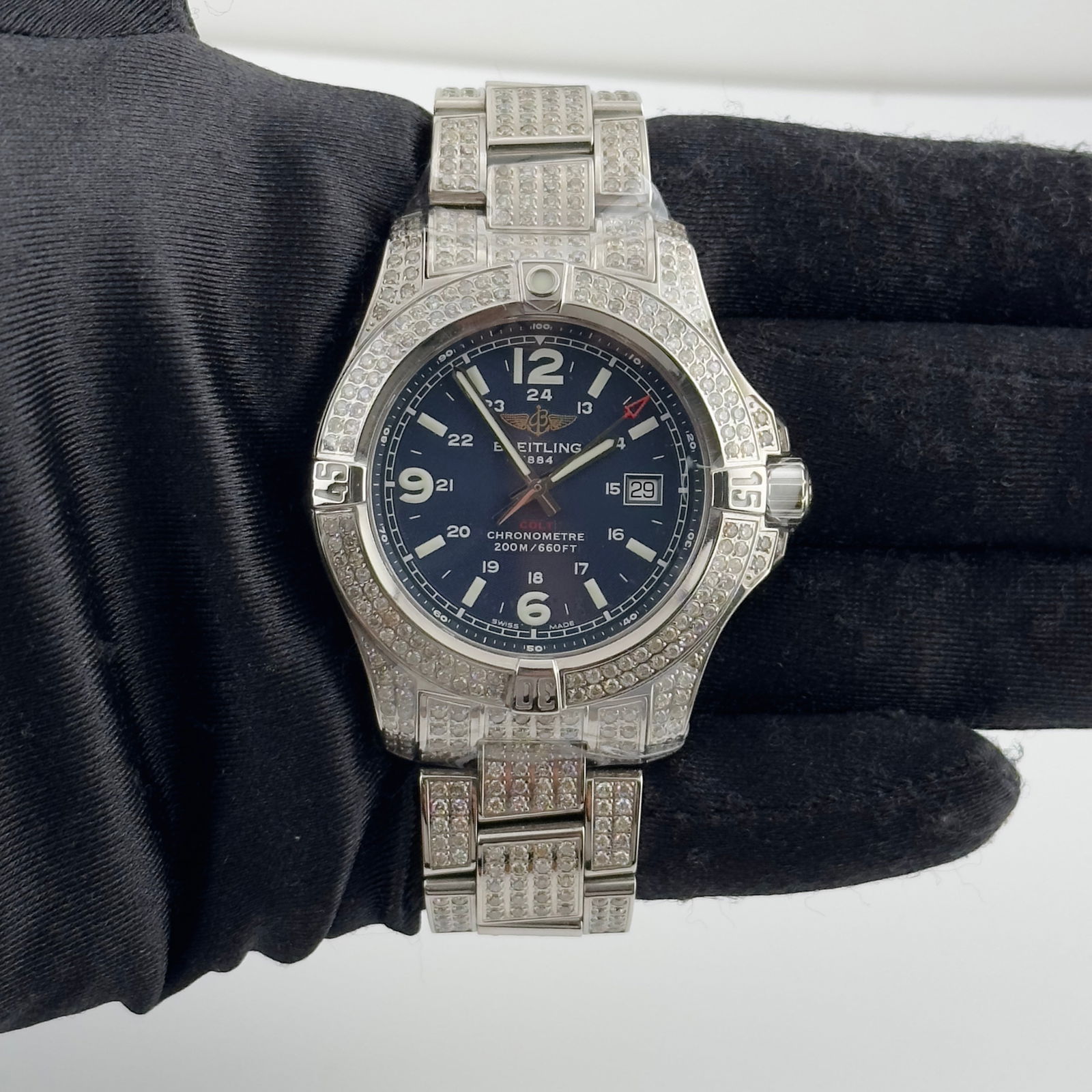 Breitling Colt A74388 Blue Dial Mens Watch Diamond Bezel and Bracelet: Breitling Colt A74388 Blue Dial Mens Watch Diamond Bezel and Bracelet This Breitling Colt men's watch features a blue dial, a diamond-set bezel, and a diamond bracelet. The reference number for this t