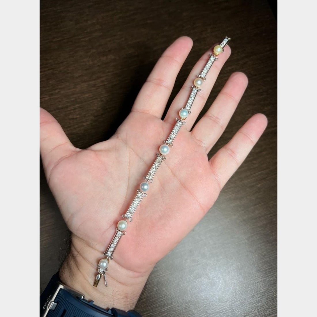 Edwardian 18K Platinum GIA Certified Natural Pearl Diamond Bracelet 7.5in: Edwardian 18K Platinum GIA Certified Natural Pearl Diamond Bracelet 7.5in This exquisite Edwardian bracelet features a stunning combination of 18K gold and platinum, complemented by GIA Certified Natu