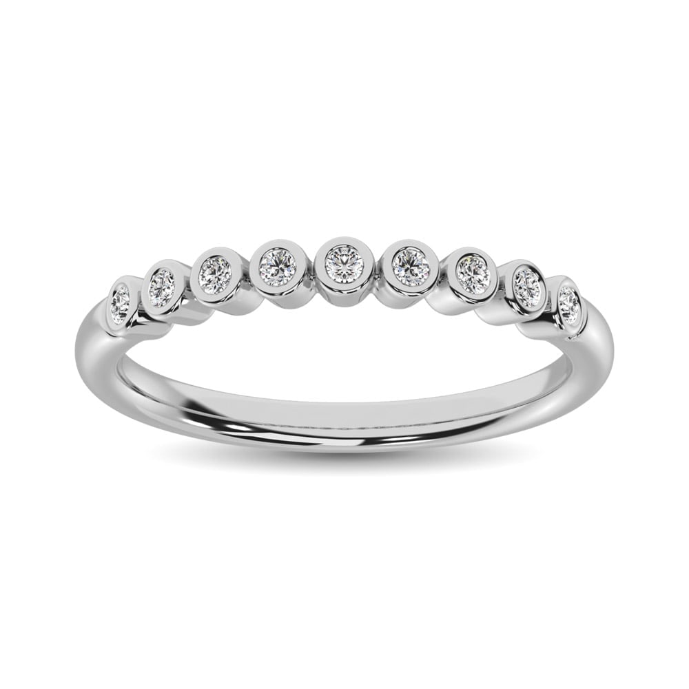 14K White Gold 1/10 Ct.Tw. Diamond Stackable Band: 14K White Gold 1/10 Ct.Tw. Diamond Stackable Band This glamorous stackable band is available in 14K White Gold. There are 9 round diamonds with a total carat weight of 1/10Ct.Tw. set in a bezel settin