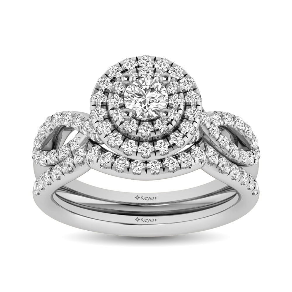 Diamond Twist Shank Double Halo Bridal Ring 3/4 Ct.tw Round Cut in 14K White Gold: Diamond Twist Shank Double Halo Bridal Ring 3/4 Ct.tw Round Cut in 14K White Gold This Twist Shank Double Halo Bridal Ring set with Round Cut diamond 1/5 Ct.Tw. center. Total diamond weight 3/4 Ct.Tw.