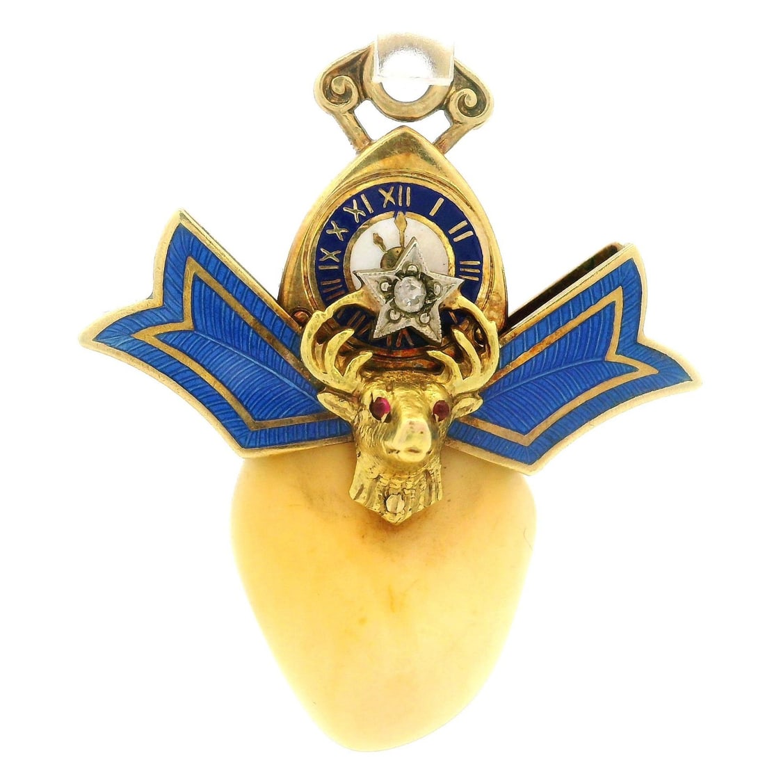 Antique Art Nouveau 13k Yellow Gold Elk Tooth Pendant with Blue Enamel and Diamond: Antique Art Nouveau 13k Yellow Gold Elk Tooth Pendant with Blue Enamel and Diamond This exquisite Antique Art Nouveau pendant features a unique design with a genuine elk tooth centerpiece adorned with