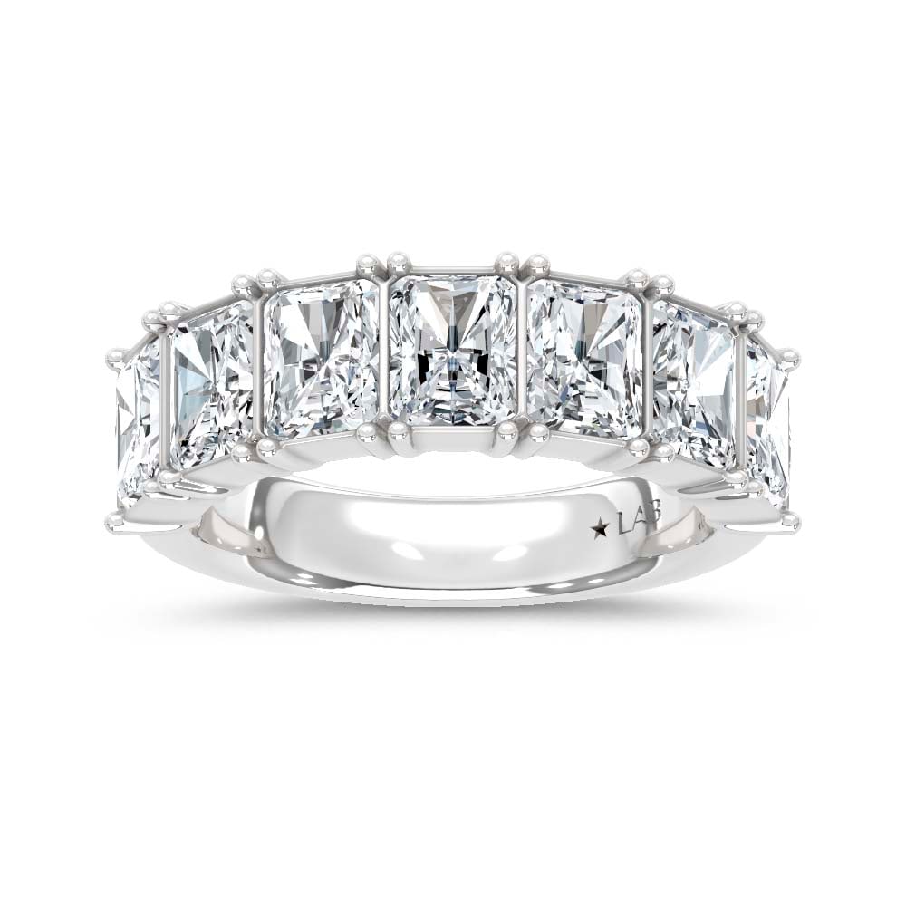 14K White Gold Lab Grown Diamond Radiant Cut Shape 3 1/2 Ct.Tw. Half Way Band: 14K White Gold Lab Grown Diamond Radiant Cut Shape 3 1/2 Ct.Tw. Half Way Band This stunning 14K White Gold Band, featuring 3 1/2 Ct.Tw. of Radiant Cut Lab Grown Diamonds, is the epitome of modern luxu