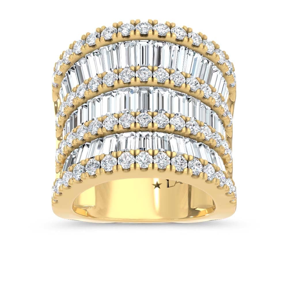 14K Yellow Gold Lab Grown Diamond Round and Tapper 5 Ct.Tw. Round and Tapper Fashion Band: 14K Yellow Gold Lab Grown Diamond Round and Tapper 5 Ct.Tw. Round and Tapper Fashion Band This striking 14K Yellow Gold fashion ring is adorned with round and tapered lab grown diamonds totaling 5 Ct.