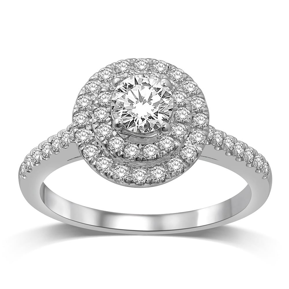 14K White Gold 1 Ct.Tw. Diamond Halo Engagement Ring: 14K White Gold 1 Ct.Tw. Diamond Halo Engagement Ring This amazing Engagement Ring is available in 14K White Gold. There are 51 round diamonds with a total carat weight of 1 Ct.Tw. set in a micro prong
