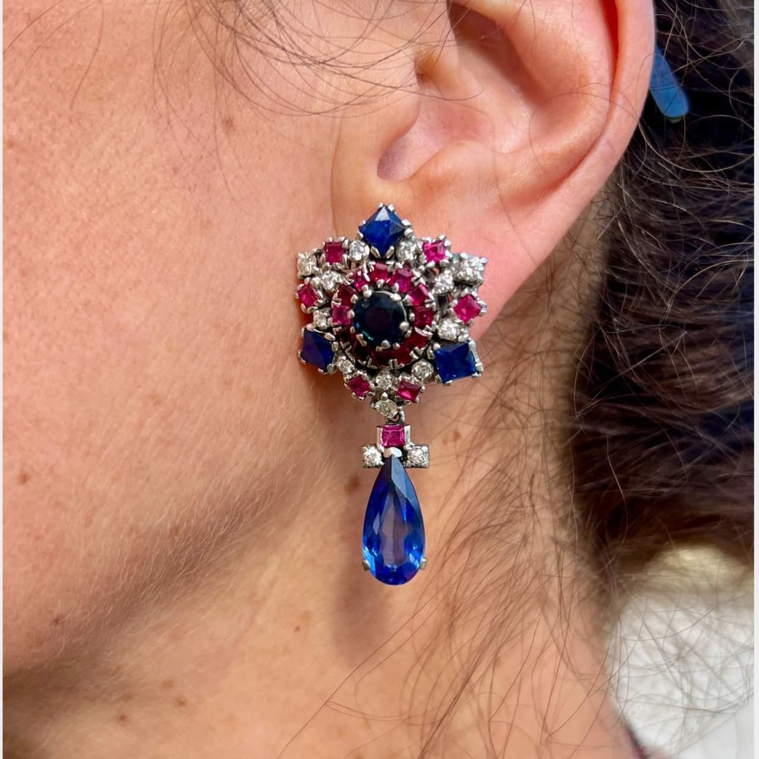 Vintage 1950s Platinum Diamond Ruby Sapphire Earrings 2" Length (1 of 2)