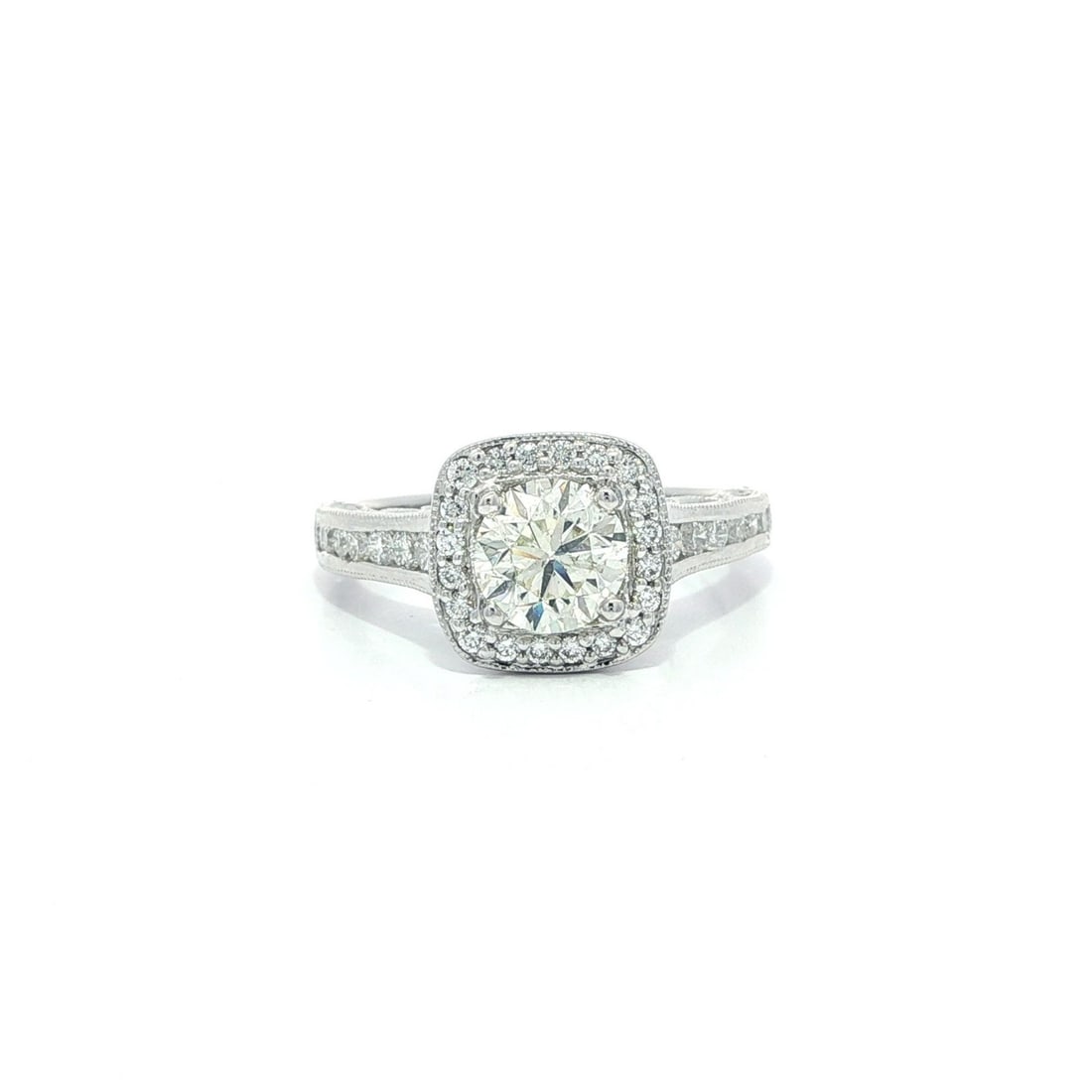 14k White Gold 1.41ctw Diamond Cushion Halo Engagement Ring: 14k White Gold 1.41ctw Diamond Cushion Halo Engagement Ring This exquisite engagement ring features a stunning 1.41 carat total weight of natural diamonds, elegantly set in solid 14k white gold. The c