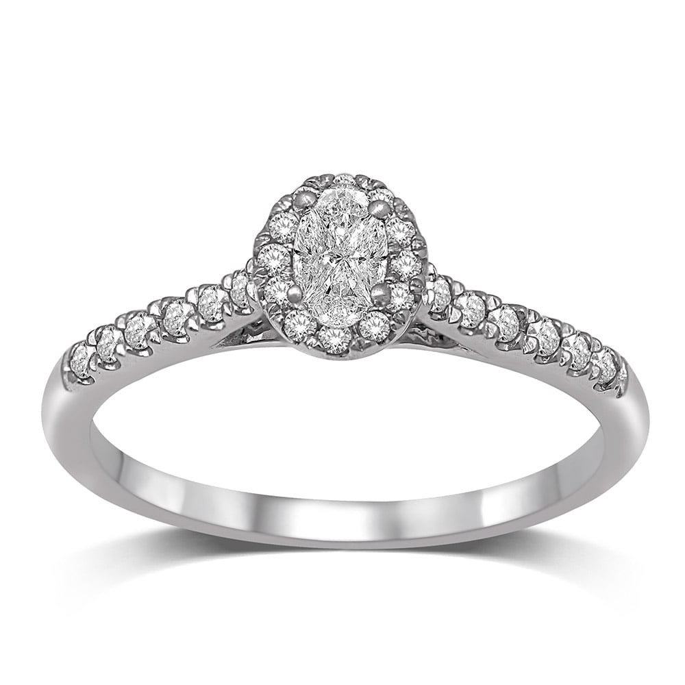14K White Gold 1/2 Ct.Tw. Diamond Halo Engagement Ring: 14K White Gold 1/2 Ct.Tw. Diamond Halo Engagement Ring Elegant Diamond Straight Shank Single Halo Engagement Ring Fashioned In 14K White Gold And Features Sparkling 1/2 Ct.Tw. Diamond. The Center Ston