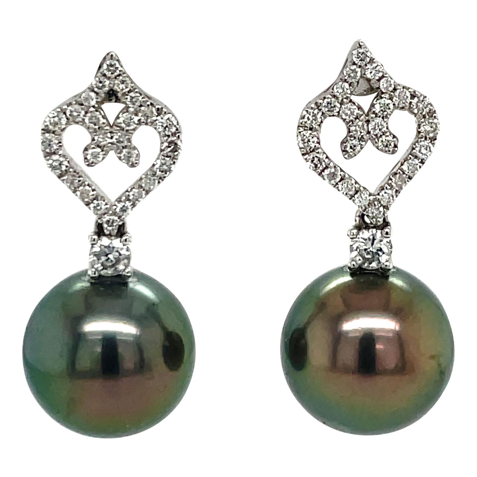 Harbor Diamonds 18K White Gold Heart Drop Earrings with Tahitian Pearls and Diamonds (1 of 10)