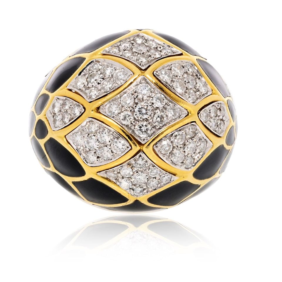 David Webb Estate Ring Platinum 18K Yellow Gold Black Enamel Diamonds: David Webb Estate Ring Platinum 18K Yellow Gold Black Enamel Diamonds This exquisite David Webb ring combines the elegance of platinum and 18K yellow gold with a striking black enamel finish. Weighing