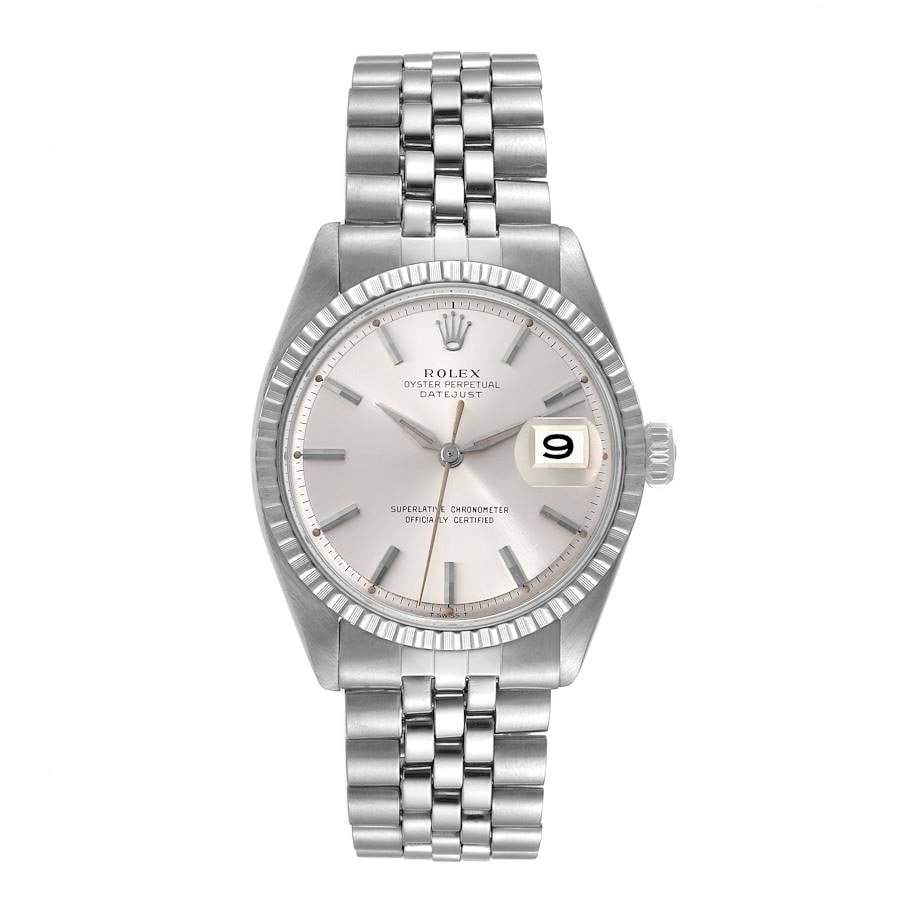 Datejust Reference 1603 Silver Stick Dial Jubilee Bracelet Watch: Datejust Reference 1603 Silver Stick Dial Jubilee Bracelet Watch This Rolex Datejust features a silver stick dial and a Jubilee bracelet. The watch has an engine-turned bezel and is designed for men.