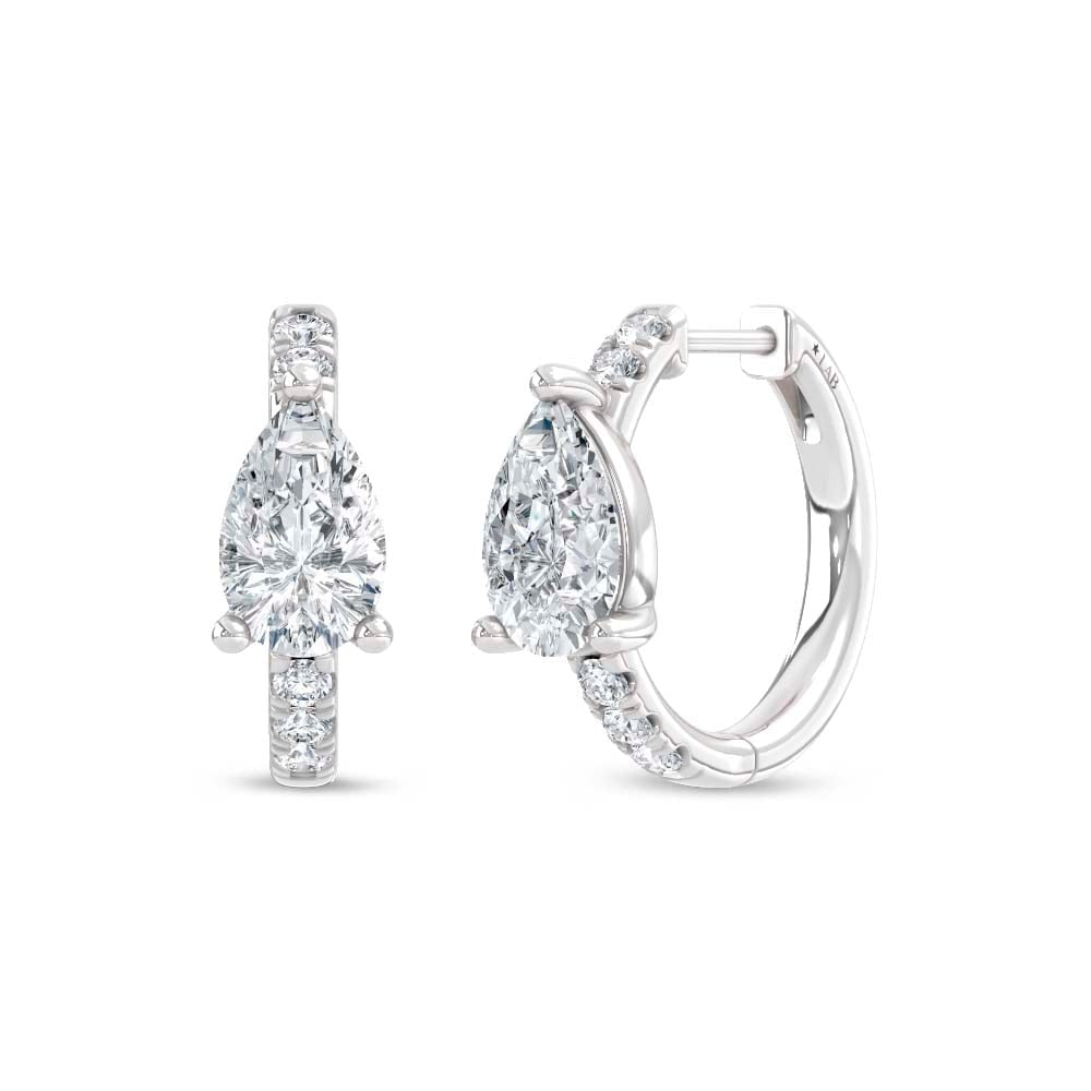 14K White Gold Lab Grown Diamond 1 5/8 Ct.Tw. Pear and Round Hoop Earrings: 14K White Gold Lab Grown Diamond 1 5/8 Ct.Tw. Pear and Round Hoop Earrings Elegant 14K white gold hoops featuring 1 5/8 Ct.Tw. lab-grown diamonds in pear and round combination. 14k White Gold Stone Co