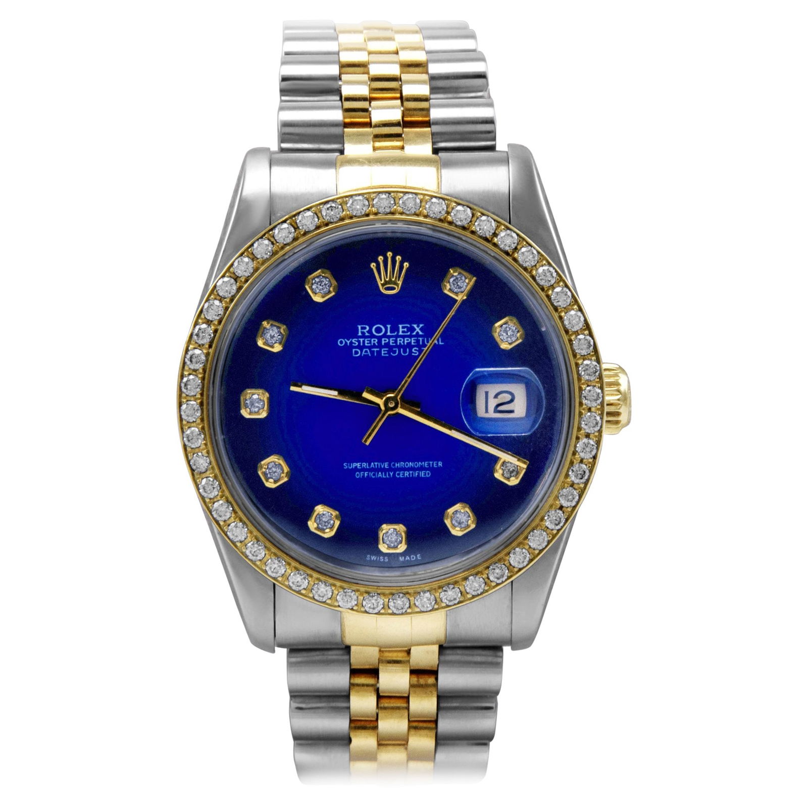 Rolex Datejust 16233 Custom Blue Diamond Dial & Bezel 18k Gold Stainless Steel: Rolex Datejust 16233 Custom Blue Diamond Dial & Bezel 18k Gold Stainless Steel This exquisite Rolex Datejust features a stunning custom blue diamond dial complemented by a diamond bezel, creating a lu