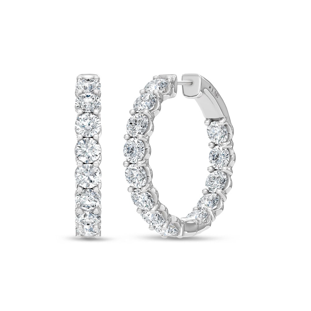 14K White Gold Lab Grown Round Diamond 5 Ct.Tw. In and Out Hoop Earrings: 14K White Gold Lab Grown Round Diamond 5 Ct.Tw. In and Out Hoop Earrings 14K white gold hoops with 5 Ct.Tw. lab-grown round diamonds, in and out style. 14k White Gold Stone Color: D-f Stone Clarity: V