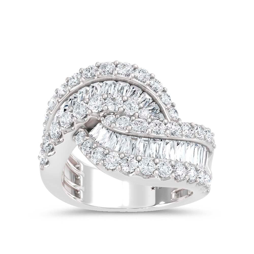 14K White Gold Lab Grown Diamond 3 Ct.Tw. Round and Baguette Fashion Ring: 14K White Gold Lab Grown Diamond 3 Ct.Tw. Round and Baguette Fashion Ring Crafted in sleek 14K White Gold, this fashion ring showcases round and baguette lab grown diamonds totaling 3 Ct.Tw., perfect