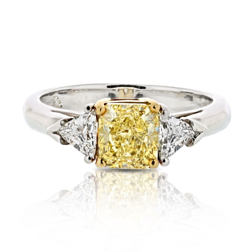 Radiant Cut Fancy Yellow Diamond Three Stone Ring in Platinum and 18K Gold (1 of 4)