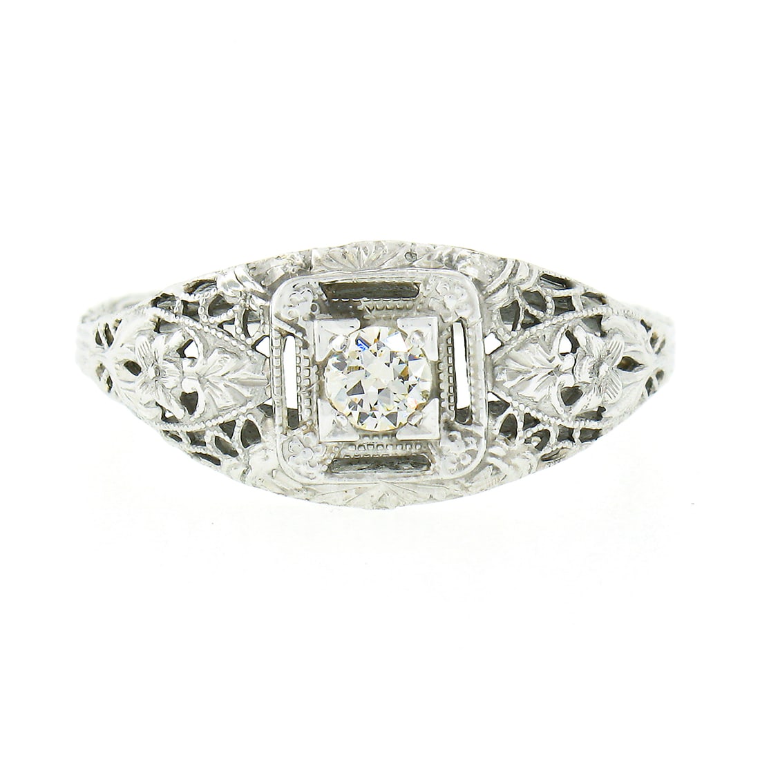 Antique Art Deco 18K White Gold 0.20ctw Old European Diamond Filigree Ring - 4