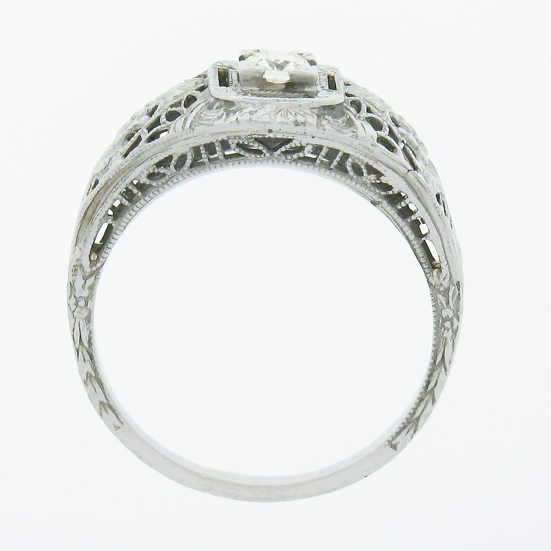 Antique Art Deco 18K White Gold 0.20ctw Old European Diamond Filigree Ring - 8
