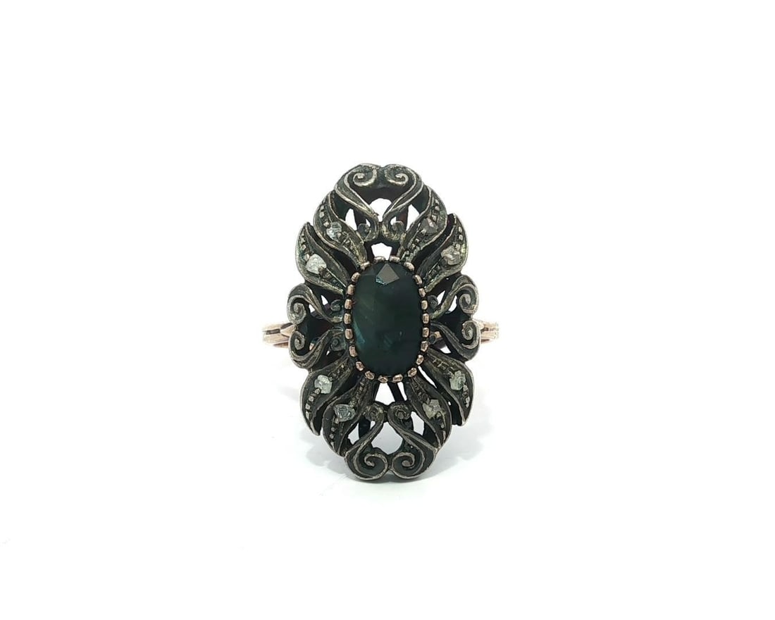 Antique 18k Gold Silver Sapphire Rose Diamond Cocktail Ring (1 of 14)