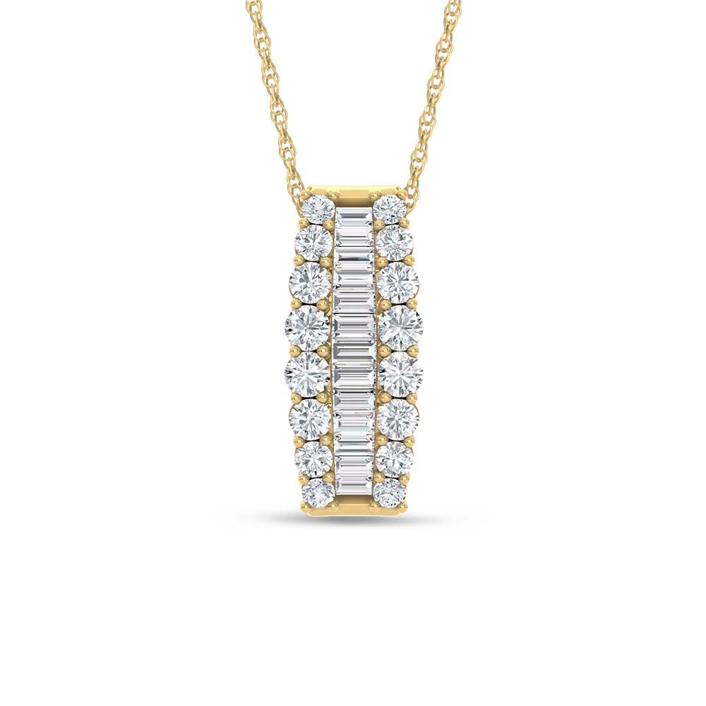 14K Yellow Gold 2 Ct.Tw. Round and Baguette Lab Grown Diamond Fashion Pendant: 14K Yellow Gold 2 Ct.Tw. Round and Baguette Lab Grown Diamond Fashion Pendant Crafted in rich 14K yellow gold, this fashion pendant features round and baguette lab-grown diamonds totaling 2 carat tota