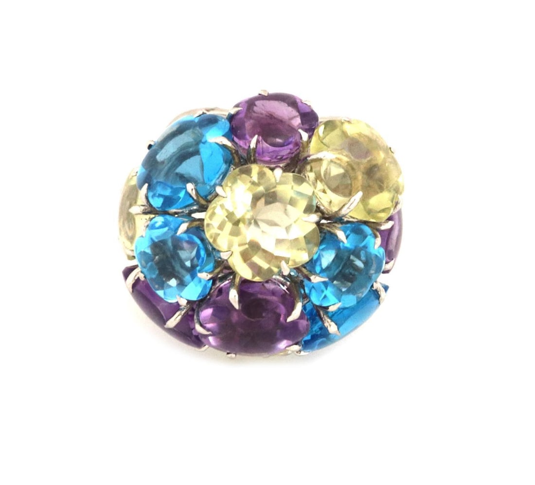 18k White Gold Infinity Band Dome Ring with Amethyst Blue Topaz Lemon Citrine: 18k White Gold Infinity Band Dome Ring with Amethyst Blue Topaz Lemon Citrine This exquisite infinity band dome ring showcases a stunning array of multicolor gemstones, beautifully crafted from 18k wh