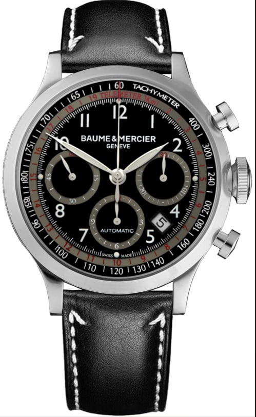 Baume & Mercier Capeland M0A10001 Black Dial Automatic Watch with Papers: Baume & Mercier Capeland M0A10001 Black Dial Automatic Watch with Papers This Baume & Mercier Capeland Automatic men's watch features a black dial, a smooth bezel, and is paired with a leather