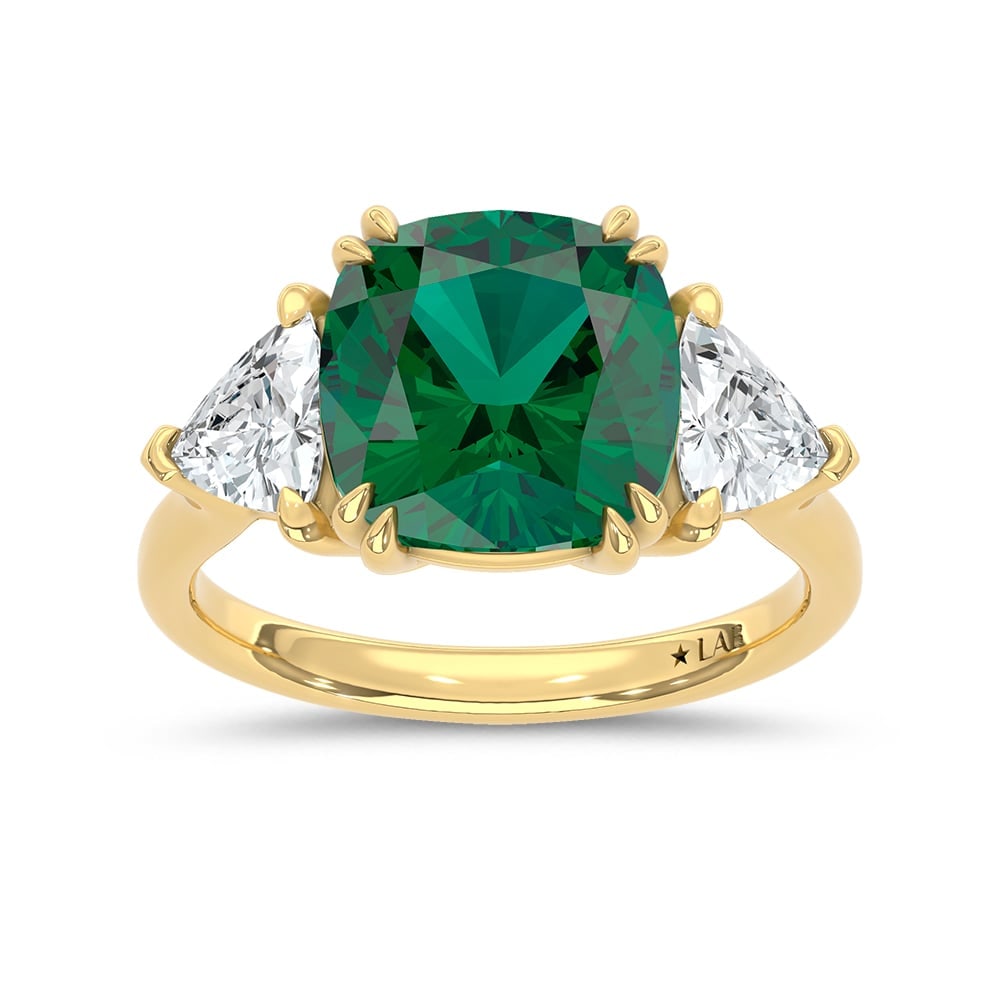 14K Yellow Gold Lab Grown Diamond 5 1/3 Ct.Tw. Cushion Shape Recrystalized Emerald Engagement Ring: 14K Yellow Gold Lab Grown Diamond 5 1/3 Ct.Tw. Cushion Shape Recrystalized Emerald Engagement Ring (Center 3 7/8 ct) Celebrate refined elegance with this 14K yellow gold engagement ring, featuring a d