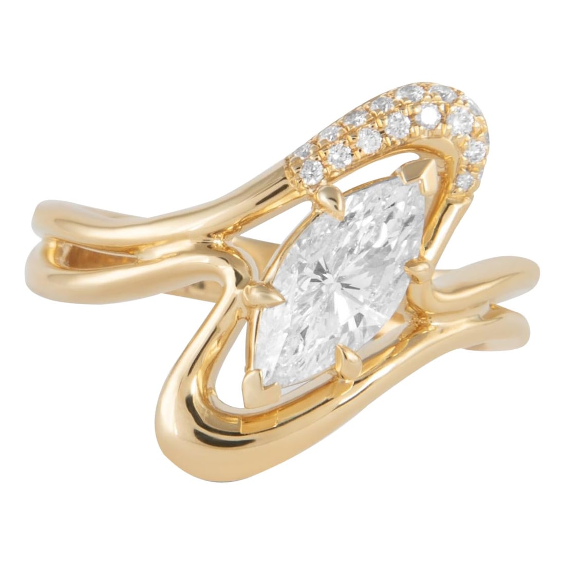 1.11ct Marquise Diamond Ring 18k Yellow Gold: 1.11ct Marquise Diamond Ring 18k Yellow Gold This exquisite ring features a stunning 1.11 carat marquise diamond, elegantly set in luxurious 18k yellow gold. The contemporary abstract design showcases