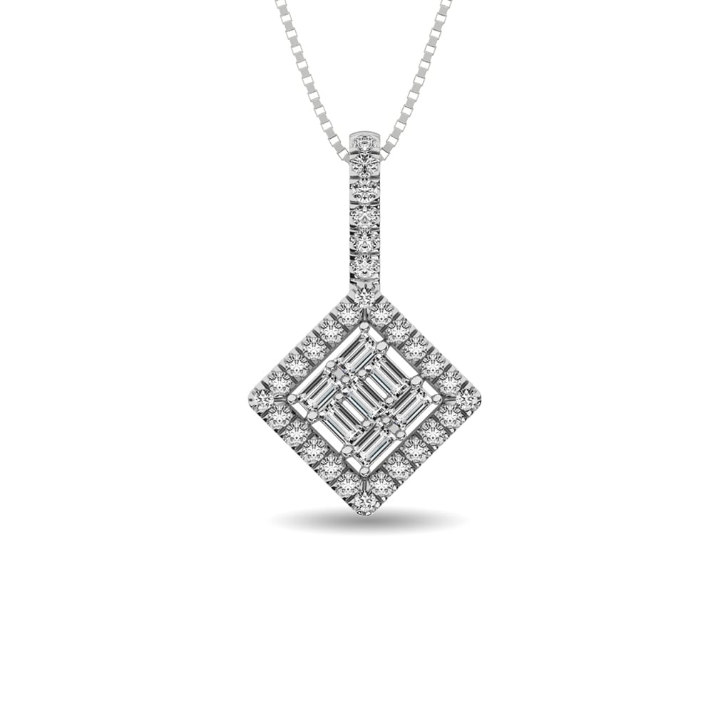 Diamond 1/3 Ct.Tw. Round and Baguette Fashion Pendant in 14K White Gold: Diamond 1/3 Ct.Tw. Round and Baguette Fashion Pendant in 14K White Gold 14k White Gold Stone Color: G-h Stone Clarity: I1 This item may take 2-5 weeks for shipping. PLEASE NOTE: Framed, Large, or heav