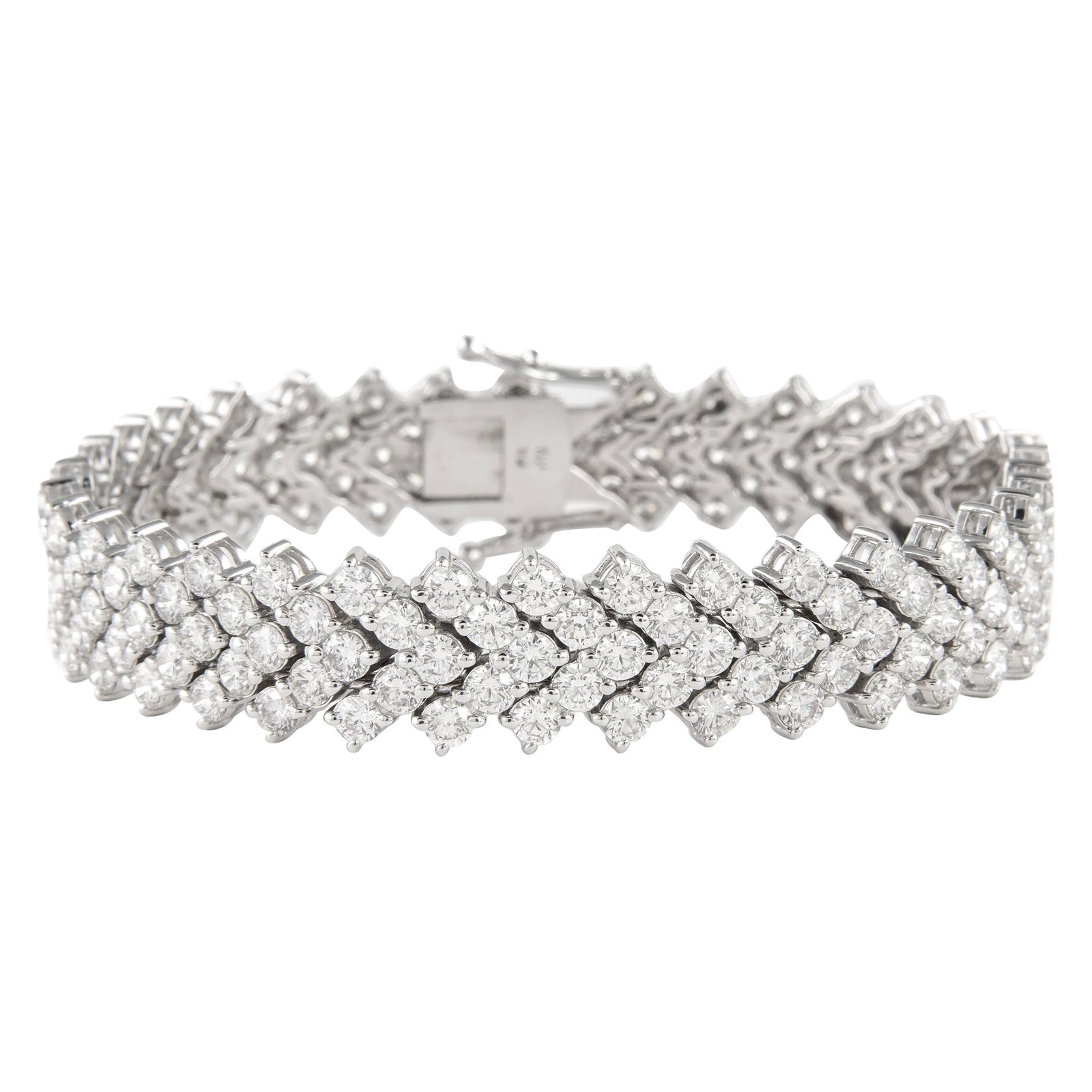 18k White Gold 18.18ct Five-Row Diamond Bracelet: 18k White Gold 18.18ct Five-Row Diamond Bracelet This exquisite five-row diamond tennis bracelet is crafted from 18k white gold and features a stunning total of 278 round-cut white diamonds, weighing