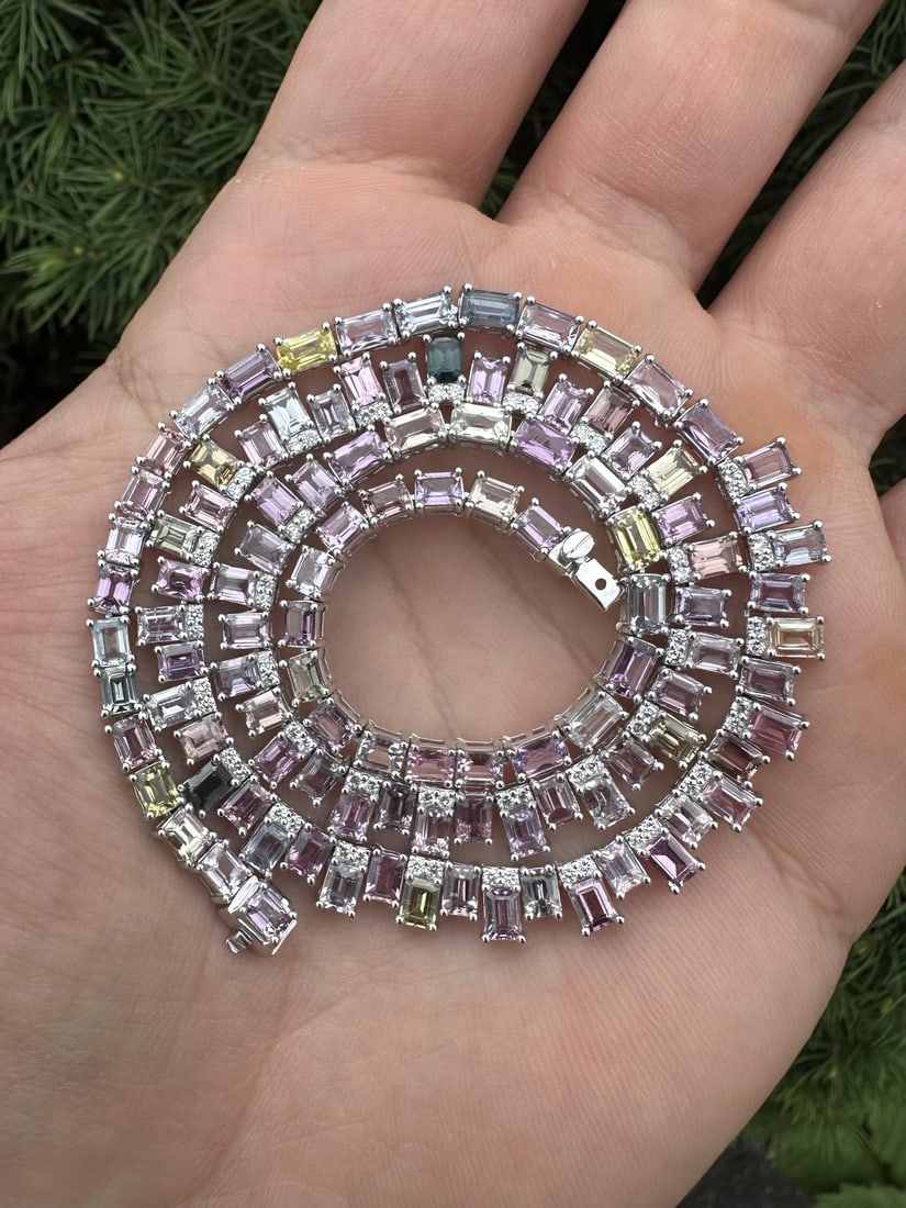 Platinum GIA Certified 30.2ctw Pastel Sapphire Diamond Necklace: Platinum GIA Certified 30.2ctw Pastel Sapphire Diamond Necklace This exquisite necklace features a stunning array of natural, genuine sapphires and diamonds, designed to elevate any jewelry collection