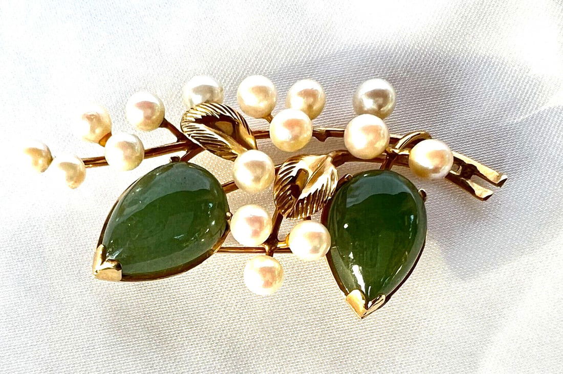 MING'S 14K Gold Pearl Nephrite Brooch Signed Stunning Design (1 of 12)