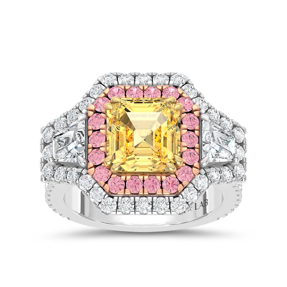 14K Two Tone Gold Lab Grown Diamond 5 5/8 Ct.Tw. Yellow Cushion Engagement Ring (Center 3ct): 14K Two Tone Gold Lab Grown Diamond 5 5/8 Ct.Tw. Yellow Cushion Engagement Ring (Center 3ct) Celebrate elegance with this 14K Two-Tone Gold Engagement Ring, featuring a radiant 3-carat lab-grown yello
