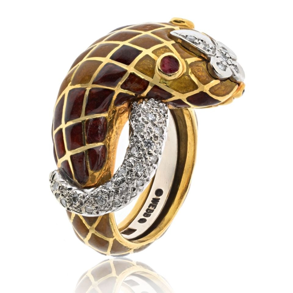 David Webb Snake Ring Platinum 18K Gold Enamel Ruby Diamonds (1 of 4)