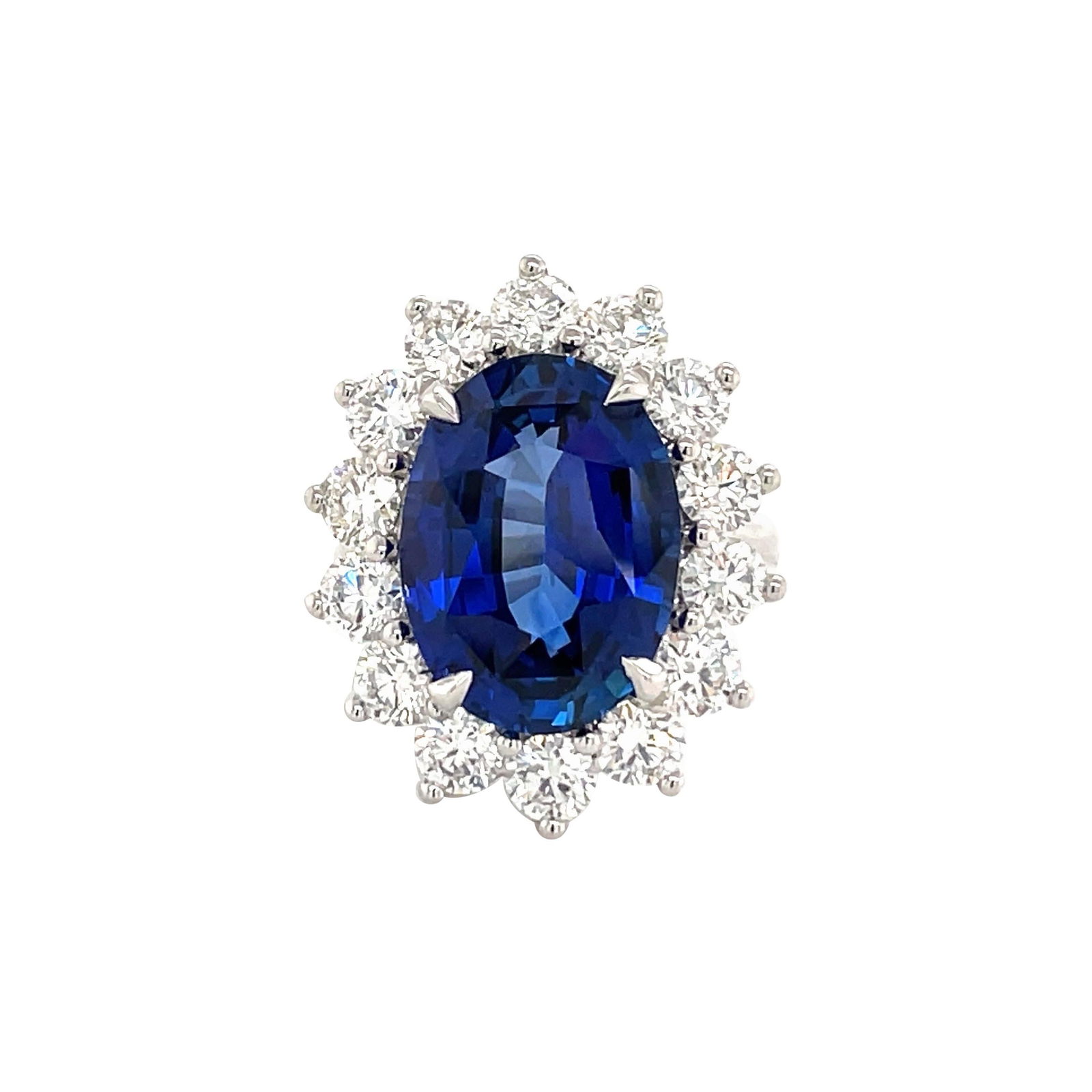 C DUNAIGRE Certified Sapphire Diamond Halo Ring 15.31 Carats Platinum: C DUNAIGRE Certified Sapphire Diamond Halo Ring 15.31 Carats Platinum This stunning cocktail ring is a modern masterpiece inspired by Princess Diana, featuring a GIA Certified oval sapphire weighing 1