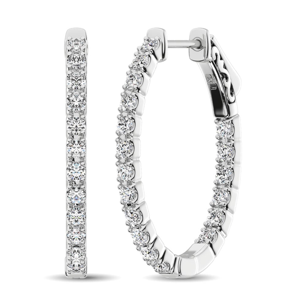 14K White Gold Diamond 9/10 Ct.Tw. In and Out Hoop Earrings: 14K White Gold Diamond 9/10 Ct.Tw. In and Out Hoop Earrings These eye-catching earrings are available in 14K White Gold. There are 18 round diamonds with a total carat weight of 9/10 Ct.Tw. set in a