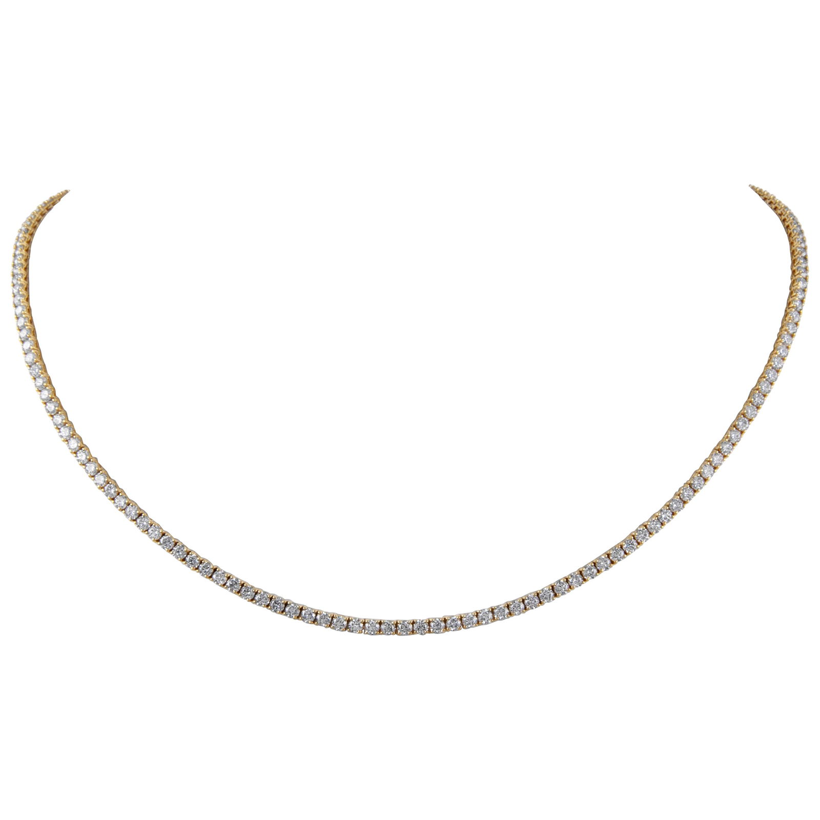 11.41ct Diamond Tennis Necklace 18k Yellow Gold 18.5in: 11.41ct Diamond Tennis Necklace 18k Yellow Gold 18.5in This exquisite diamond tennis necklace features 159 round brilliant diamonds weighing a total of 11.41 carats, set in luxurious 18k yellow gold.