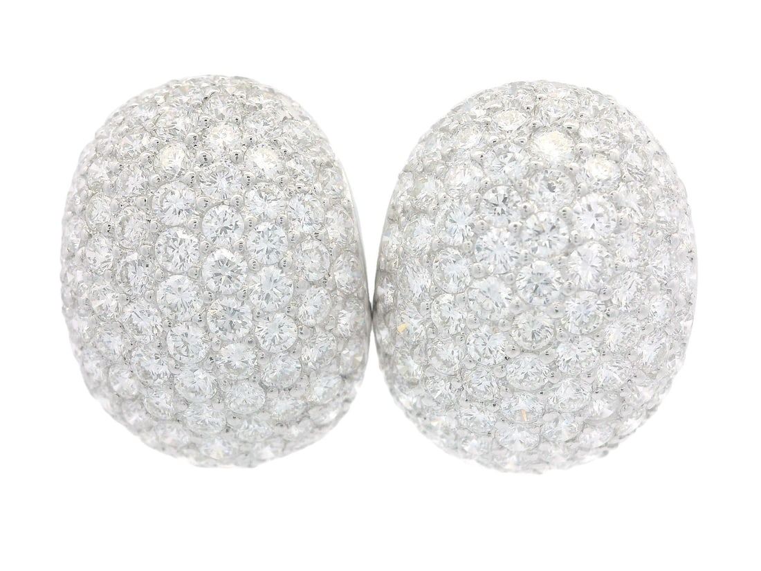 18k White Gold 9.02ctw Pave Set Diamond Omega Cuff Earrings: 18k White Gold 9.02ctw Pave Set Diamond Omega Cuff Earrings Elevate your elegance with these stunning 18k White Gold Pave Set Fiery Diamond Covered Domed Omega Cuff Earrings. Featuring a dazzling arra