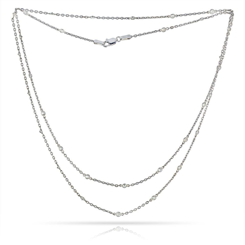 14K White Gold Diamonds By The Yard Necklace 1.85ct 33 Diamonds: 14K White Gold Diamonds By The Yard Necklace 1.85ct 33 Diamonds This exquisite Diamonds By The Yard necklace features 33 round brilliant cut diamonds, elegantly set in 14K white gold. With a total dia