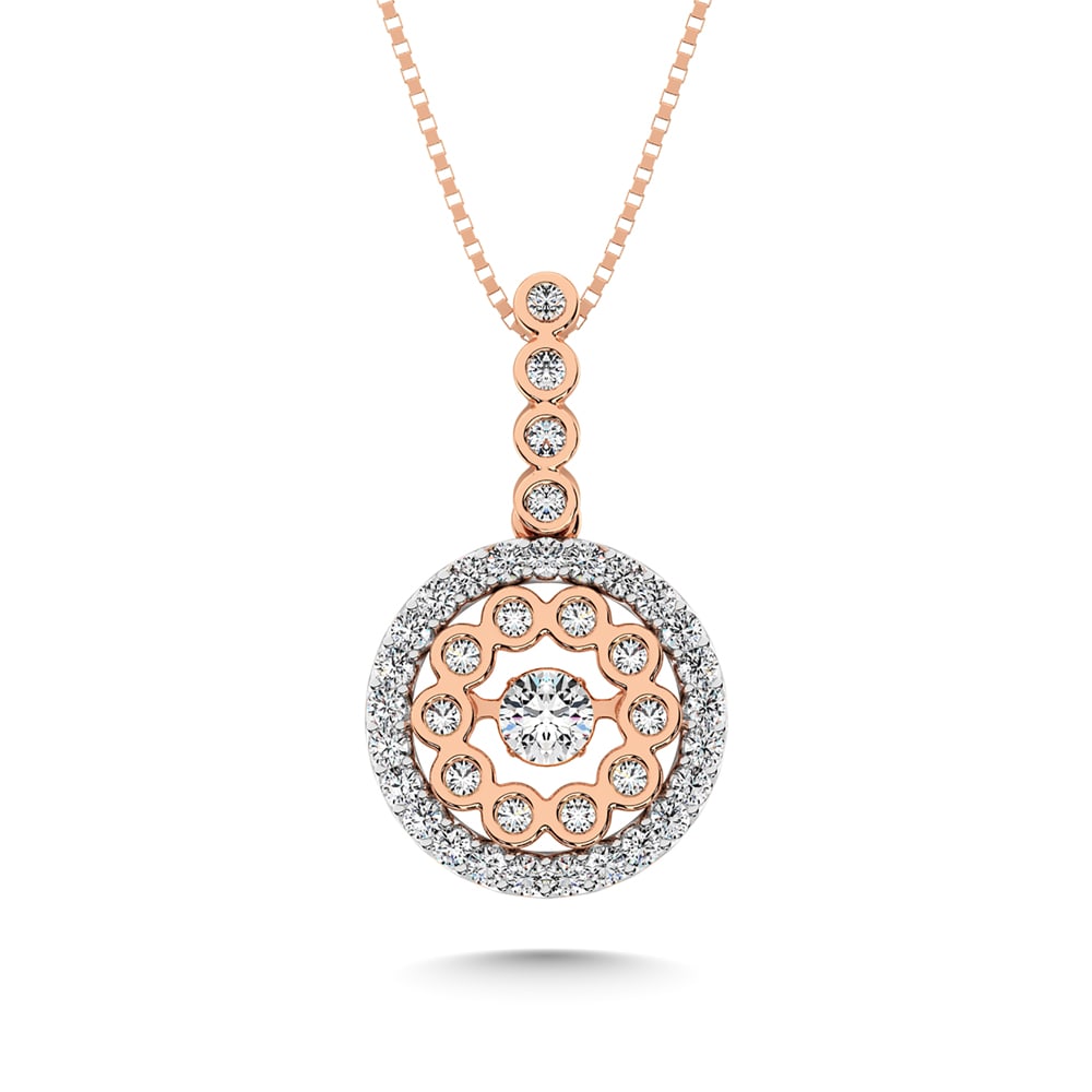 10K Two Tone 1/2 Ct.tw Diamond Fashion Pendant: 10K Two Tone 1/2 Ct.tw Diamond Fashion Pendant This amazing pendant is available in 10K Gold. There are 40 round diamonds with a total carat weight of 1/2 Ct.Tw. set in a bezel / shared prong setting.