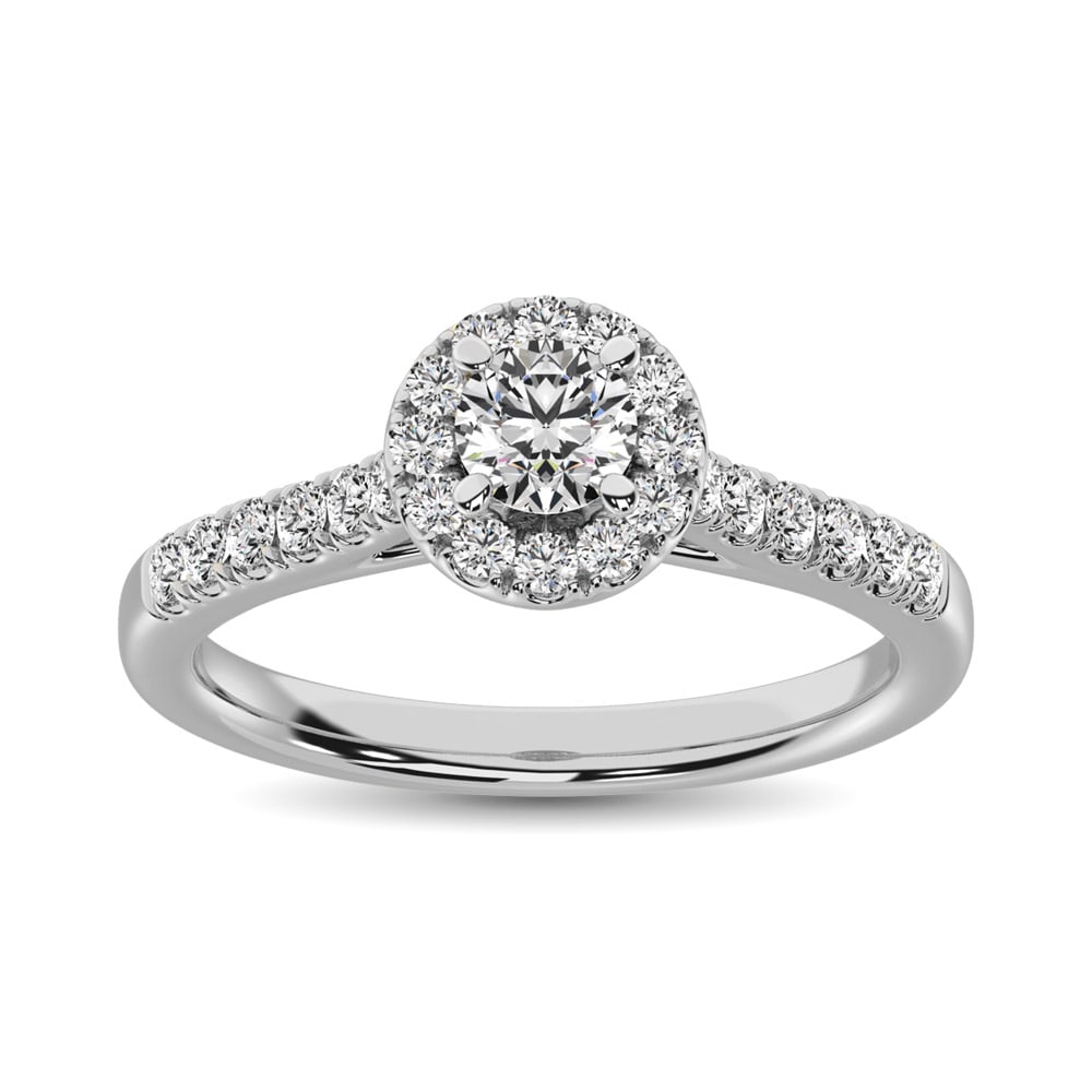 14K White Gold 1/2 Ct.Tw. Diamond Halo Engagement Ring: 14K White Gold 1/2 Ct.Tw. Diamond Halo Engagement Ring Elegant Diamond Straight Shank Single Halo Engagement Ring Fashioned In 14K White Gold And Features Sparkling 1/2 Ct.Tw. Diamond. The Center Ston