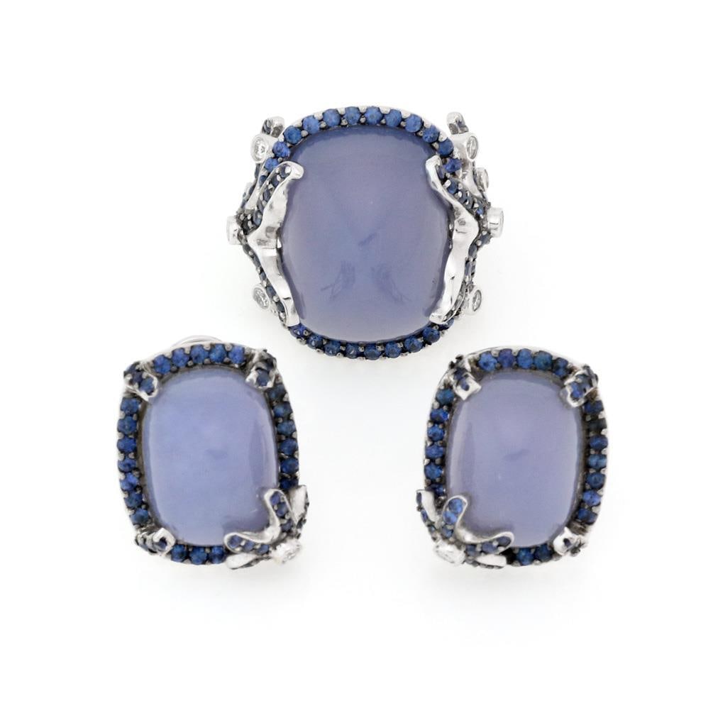 18k White Gold Starfish Earrings Ring Set with Diamond Chalcedony Sapphire: 18k White Gold Starfish Earrings Ring Set with Diamond Chalcedony Sapphire Elevate your jewelry collection with this stunning Diamond Chalcedony Sapphire earring and ring set, expertly crafted from 18