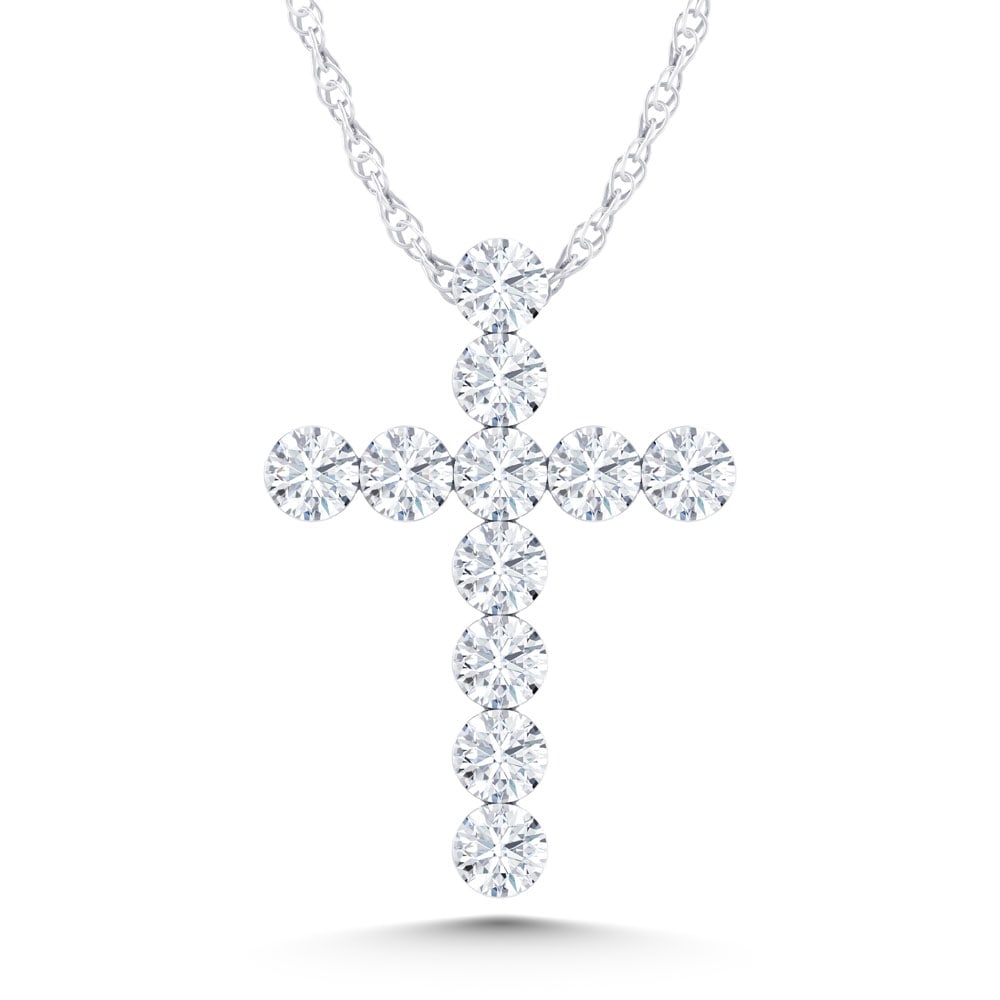 14K White Gold Lab Grown Diamond 2 Ct.Tw. Cross Pendant: 14K White Gold Lab Grown Diamond 2 Ct.Tw. Cross Pendant Crafted in luminous 14K white gold, this cross pendant showcases lab-grown diamonds totaling 2 carat total weight. 14k White Gold Stone Color: D
