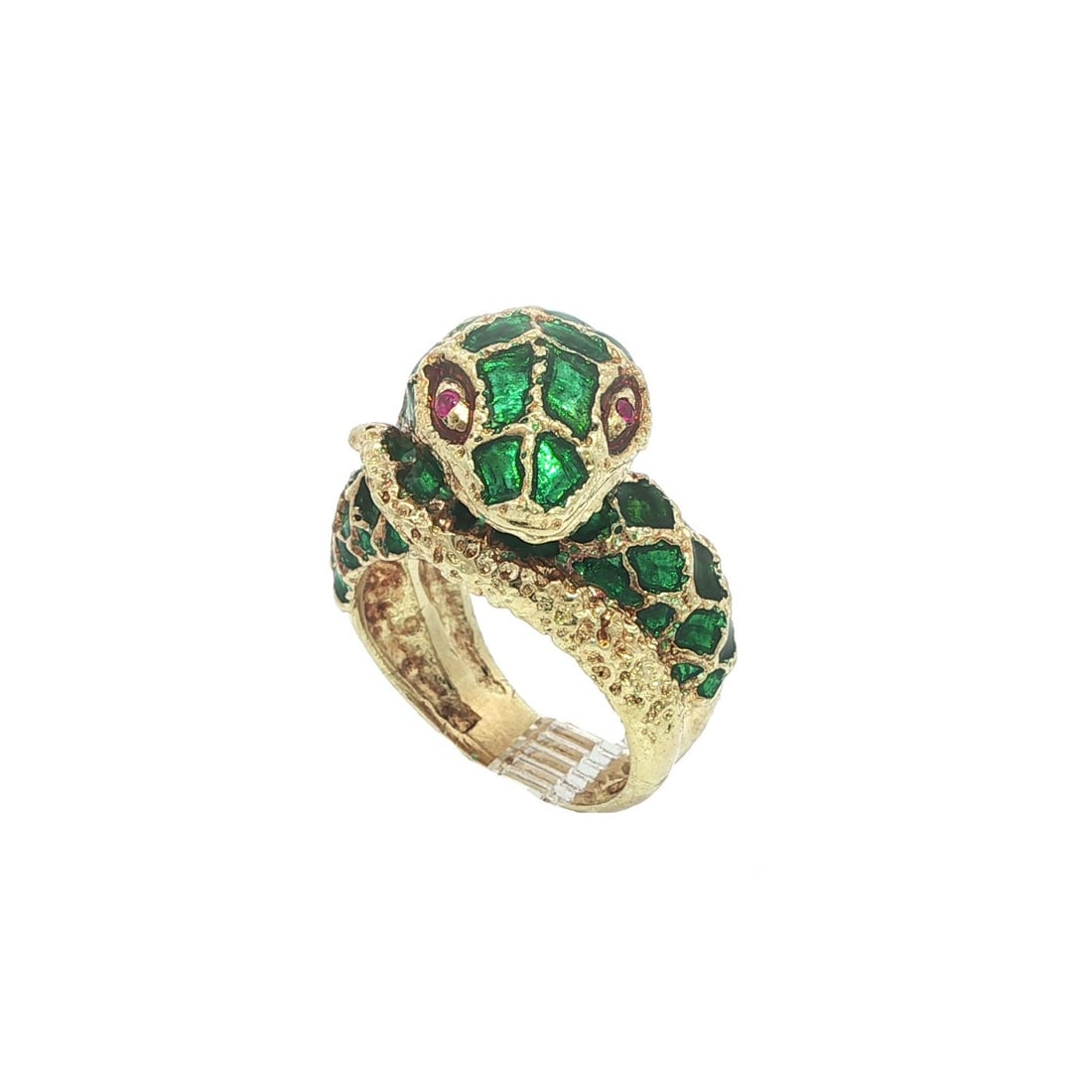 Green Enamel Coiled Snake Cocktail Ring in 14k Yellow Gold with Ruby Eyes (1 of 17)