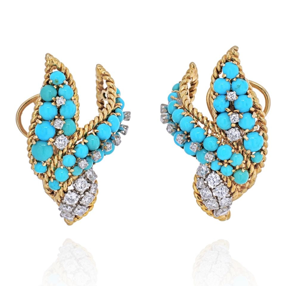 David Webb 18K Yellow Gold Leaf Earrings with Turquoise and Diamonds: David Webb 18K Yellow Gold Leaf Earrings with Turquoise and Diamonds Exquisite David Webb earrings fashioned in 18K yellow gold, showcasing a captivating leaf design. These earrings are adorned with v