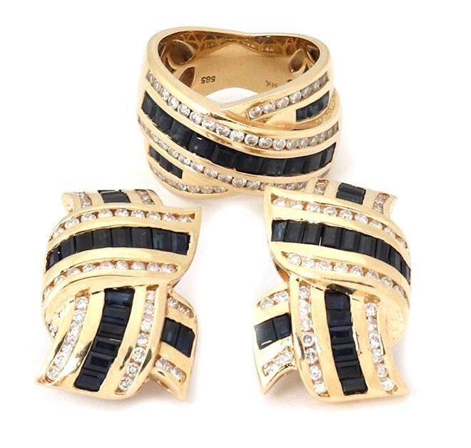 Krypell 14k Gold Diamond Sapphire Earrings & Ring Set 6.00ct: Krypell 14k Gold Diamond Sapphire Earrings & Ring Set 6.00ct This stunning earrings and ring set showcases a beautiful Krypell design, crafted from 14k yellow gold. The earrings feature a unique ribbo