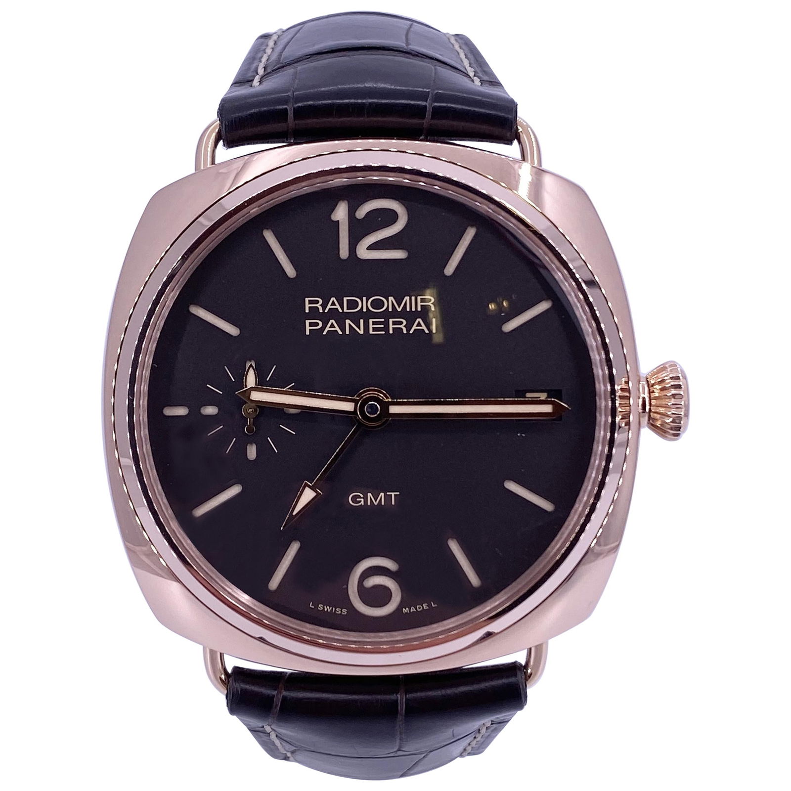 Panerai Radiomir PAM 421 3 Days GMT 18K Rose Gold Luxury Watch: Panerai Radiomir PAM 421 3 Days GMT 18K Rose Gold Luxury Watch Presenting the exquisite Panerai Radiomir 3 Days GMT, a luxurious timepiece that epitomizes contemporary watchmaking. This stunning watch