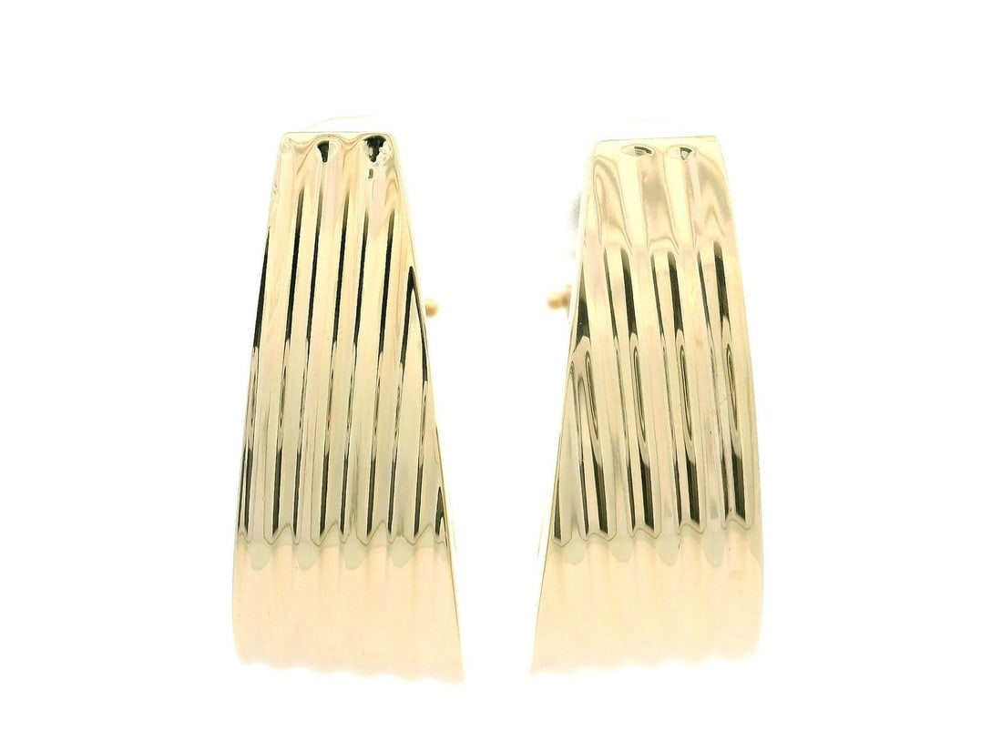 Classic 14k Yellow Gold Wide Cuff Earrings with Omega Backing: Classic 14k Yellow Gold Wide Cuff Earrings with Omega Backing Discover the elegance of these Classic Puffed Wide Cuff Earrings crafted from solid 14k yellow gold. Featuring a polished finish with groo