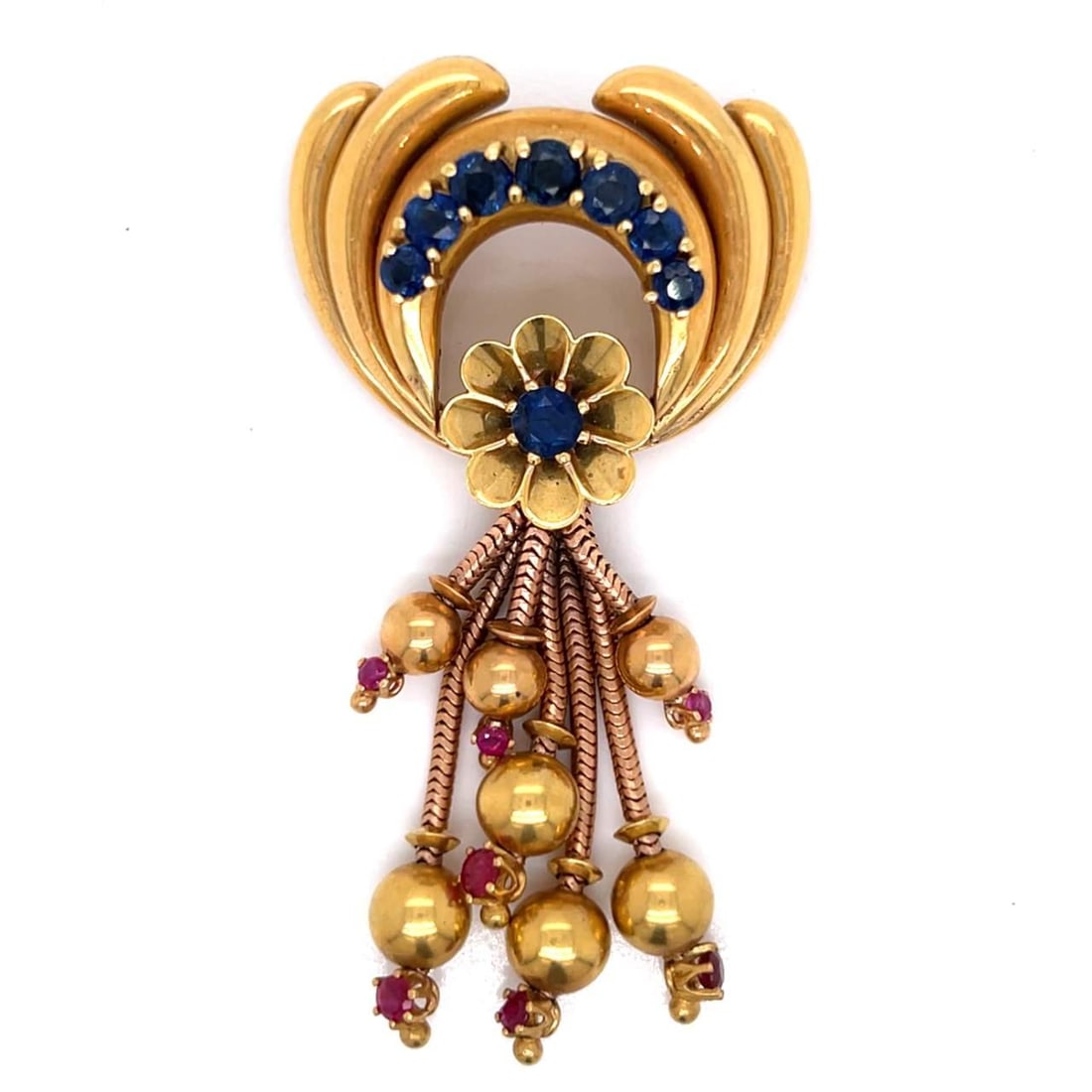 Retro 18K Yellow Gold Brooch with Sapphires and Rubies (1 of 4)